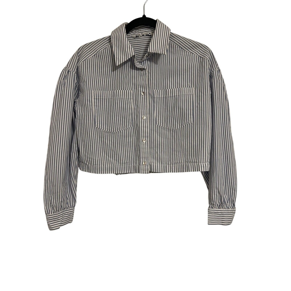 Zara Blue White Striped Cropped Button Down Shirt Boxy Long Sleeve XS